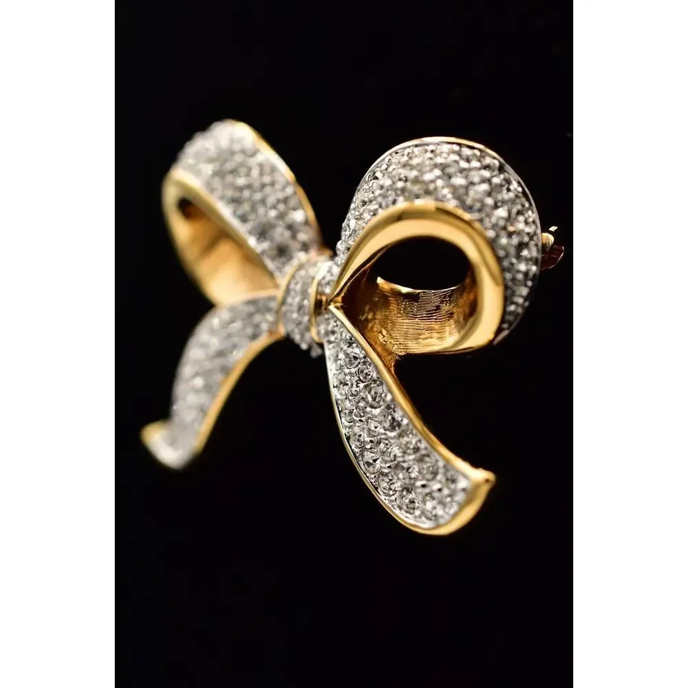 Swarovski Vintage Crystal Bow Pin Brooch Gold Pave Rhinestone Swan Signed BinBG